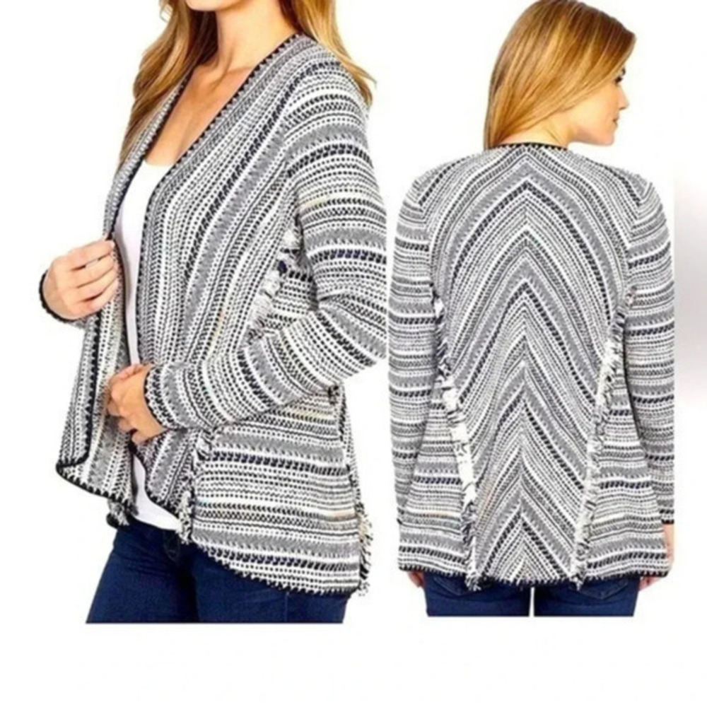 Lucky Brand Pottery Open Front Cardigan In Woven Multicolor Fringe Trims…